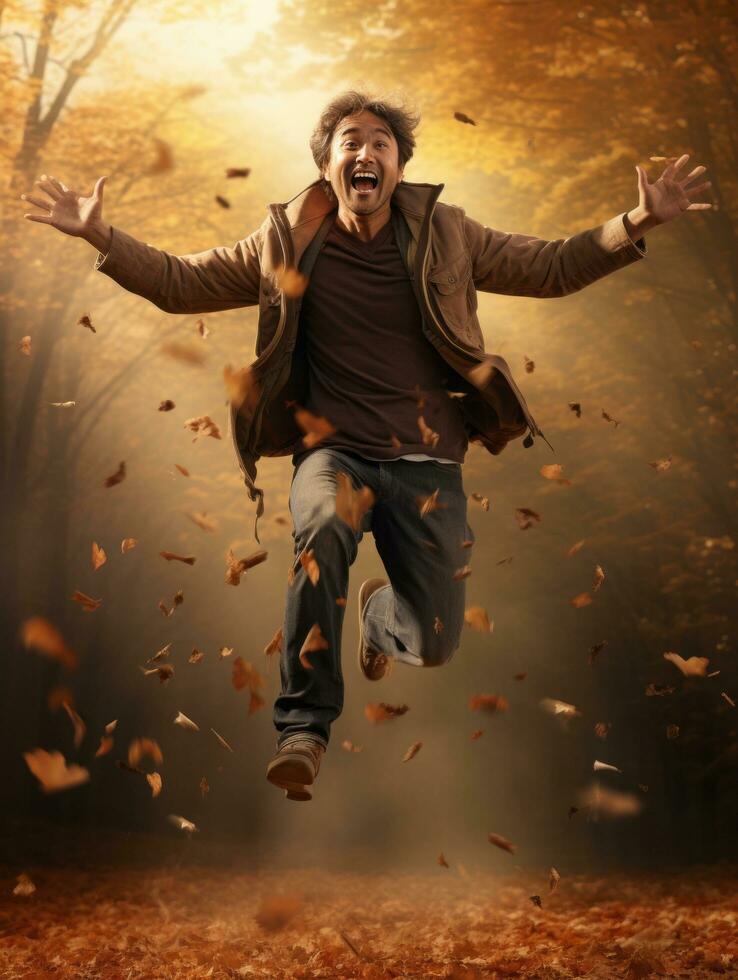 photo of emotional dynamic pose Asian man in autumn AI Generative