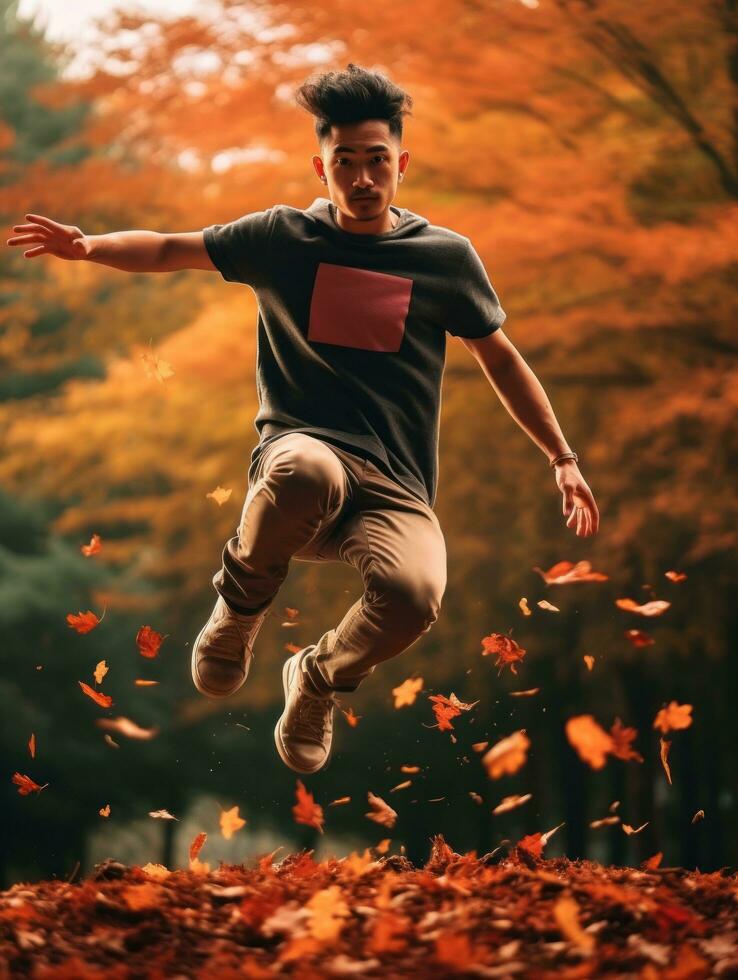 photo of emotional dynamic pose Asian man in autumn AI Generative