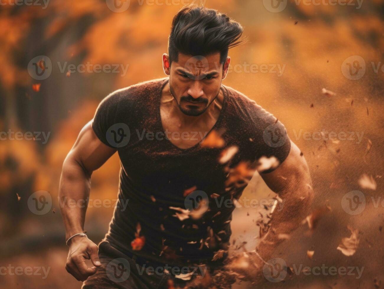 photo of emotional dynamic pose Asian man in autumn AI Generative