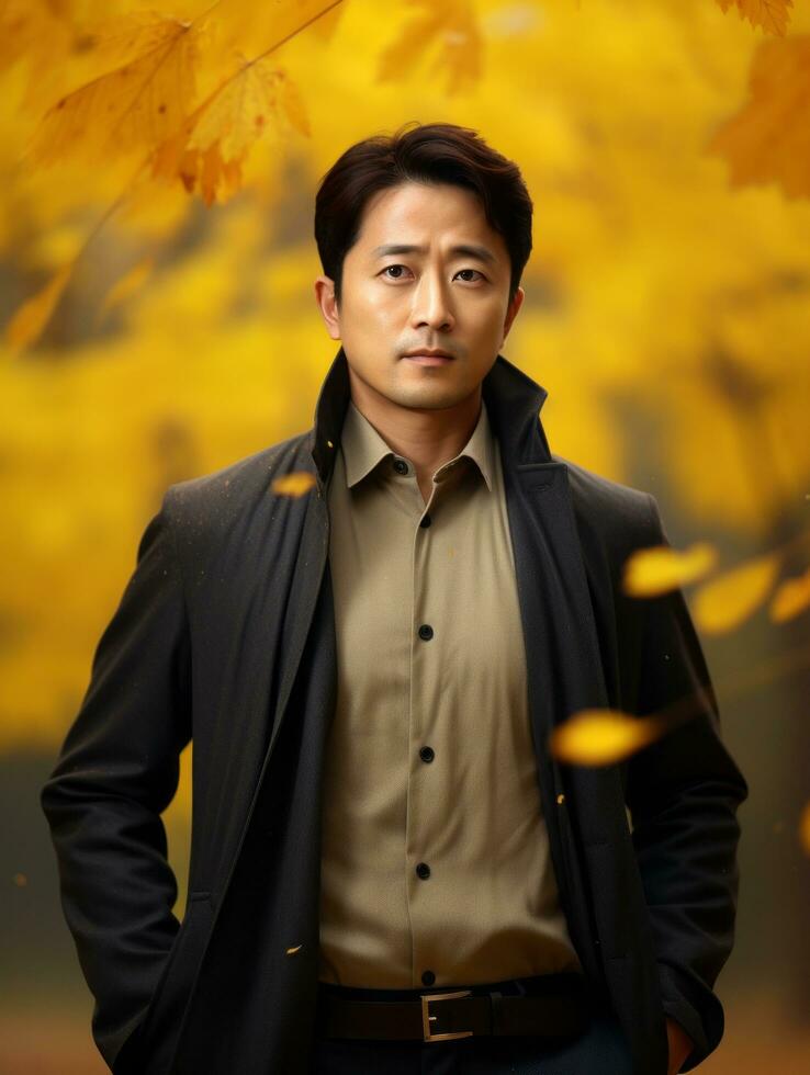 photo of emotional dynamic pose Asian man in autumn AI Generative