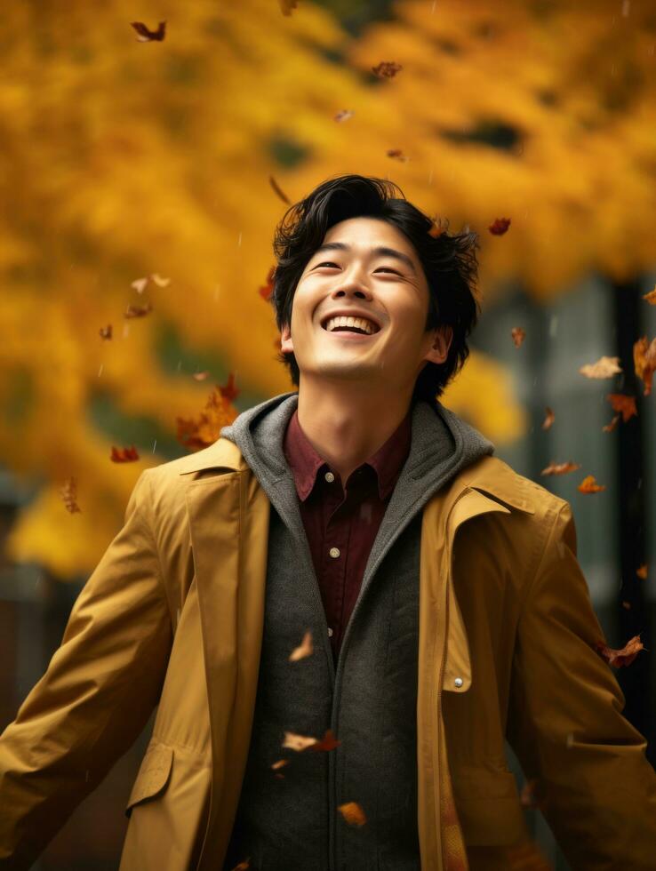 photo of emotional dynamic pose Asian man in autumn AI Generative