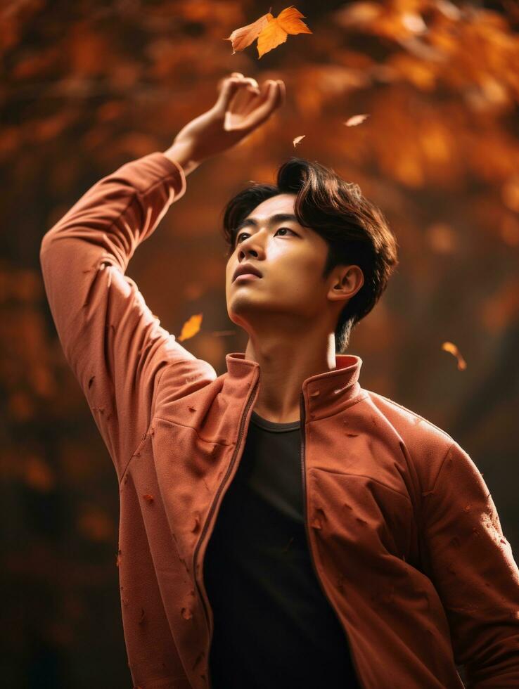 photo of emotional dynamic pose Asian man in autumn AI Generative