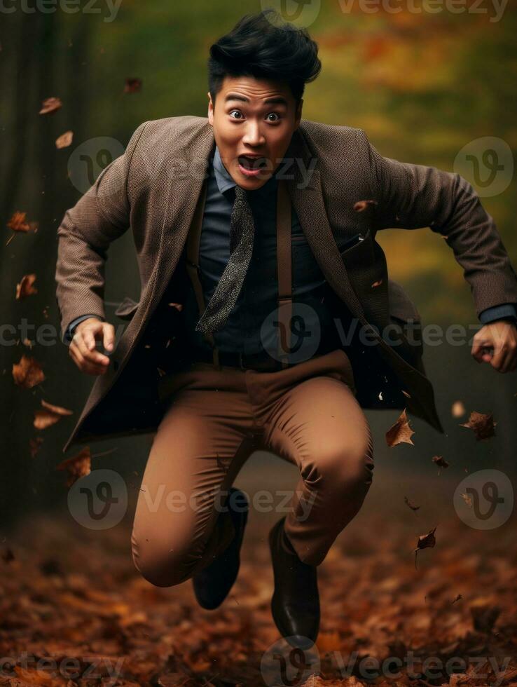 photo of emotional dynamic pose Asian man in autumn AI Generative