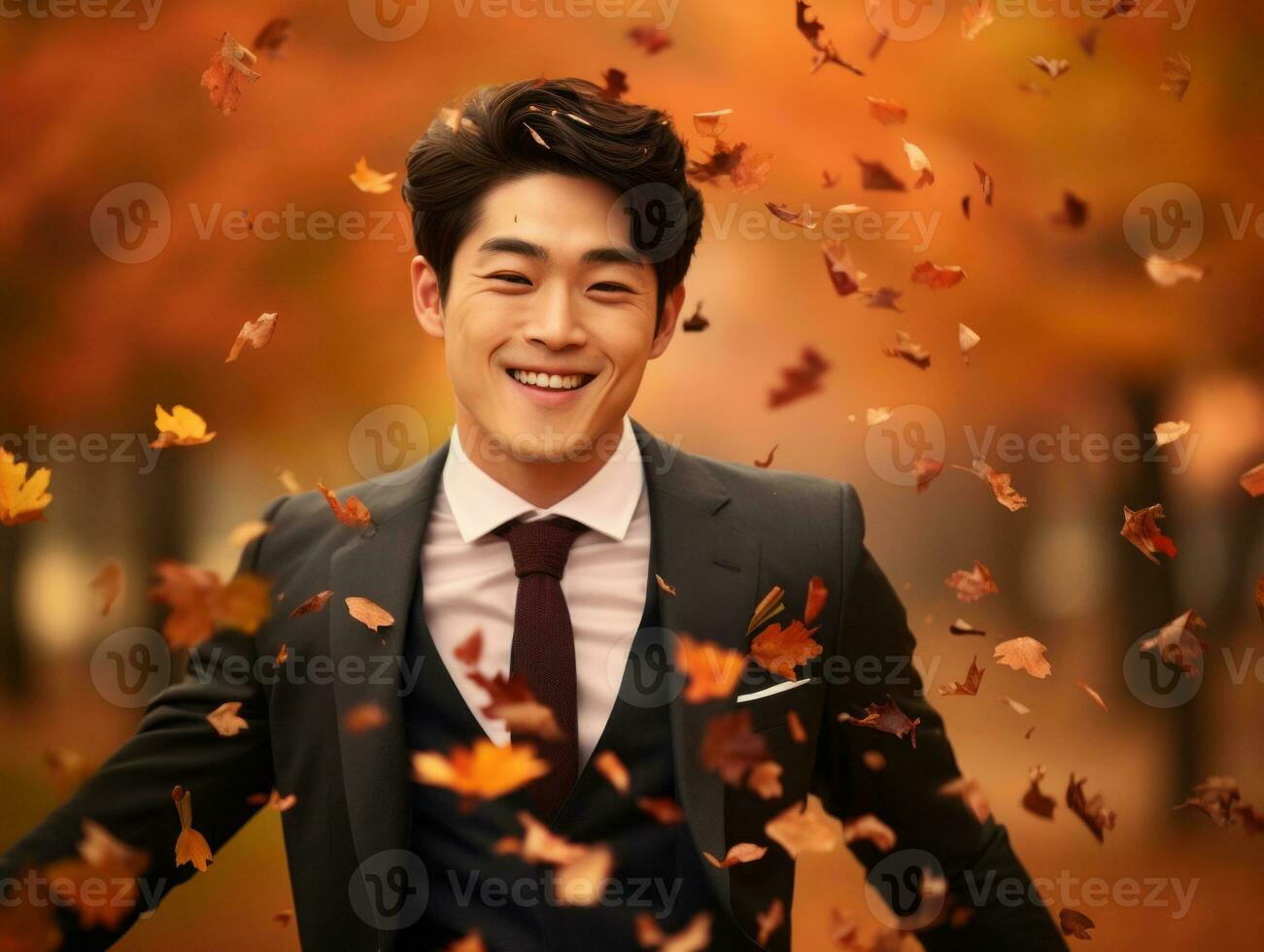 photo of emotional dynamic pose Asian man in autumn AI Generative