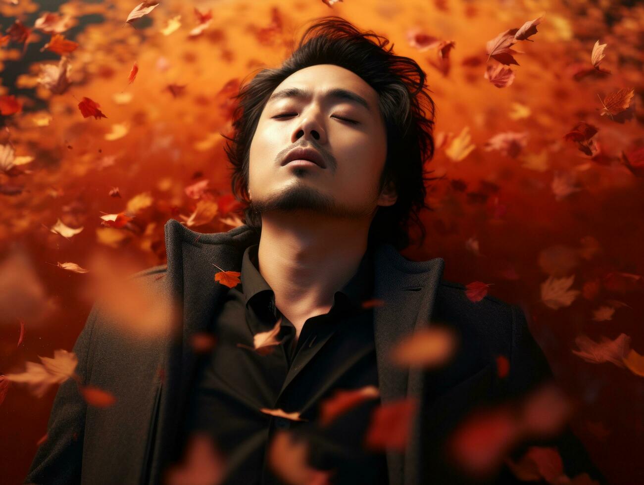 photo of emotional dynamic pose Asian man in autumn AI Generative