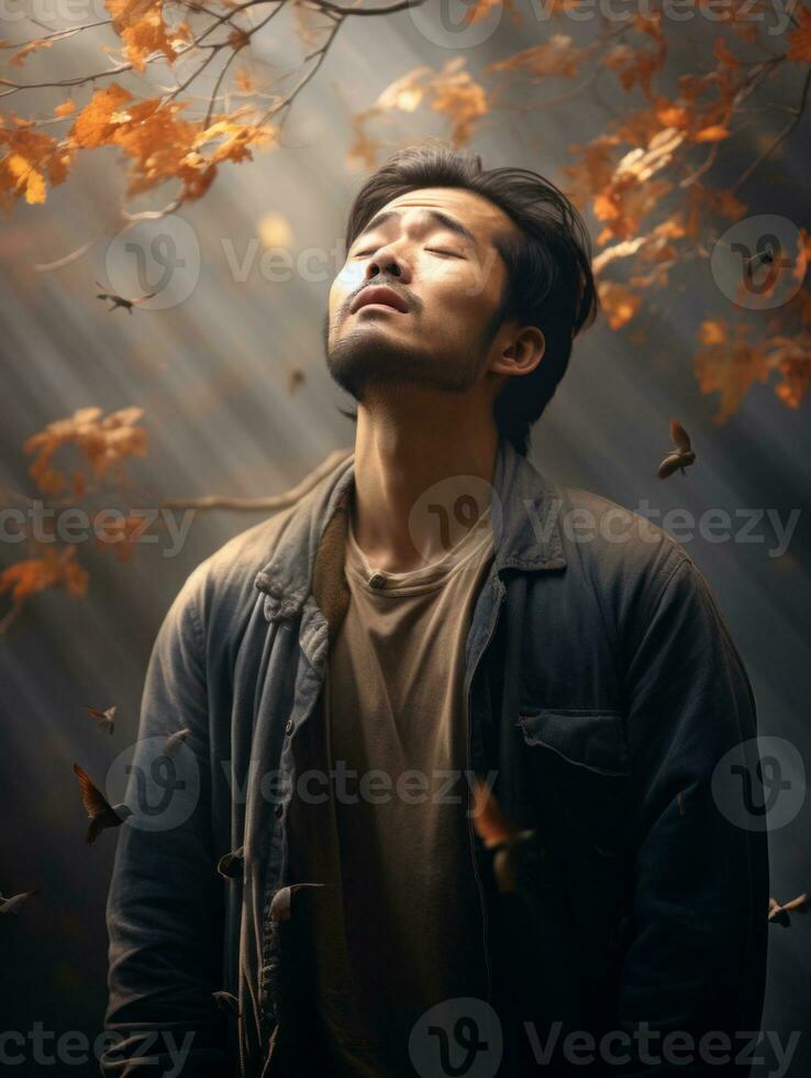 photo of emotional dynamic pose Asian man in autumn AI Generative