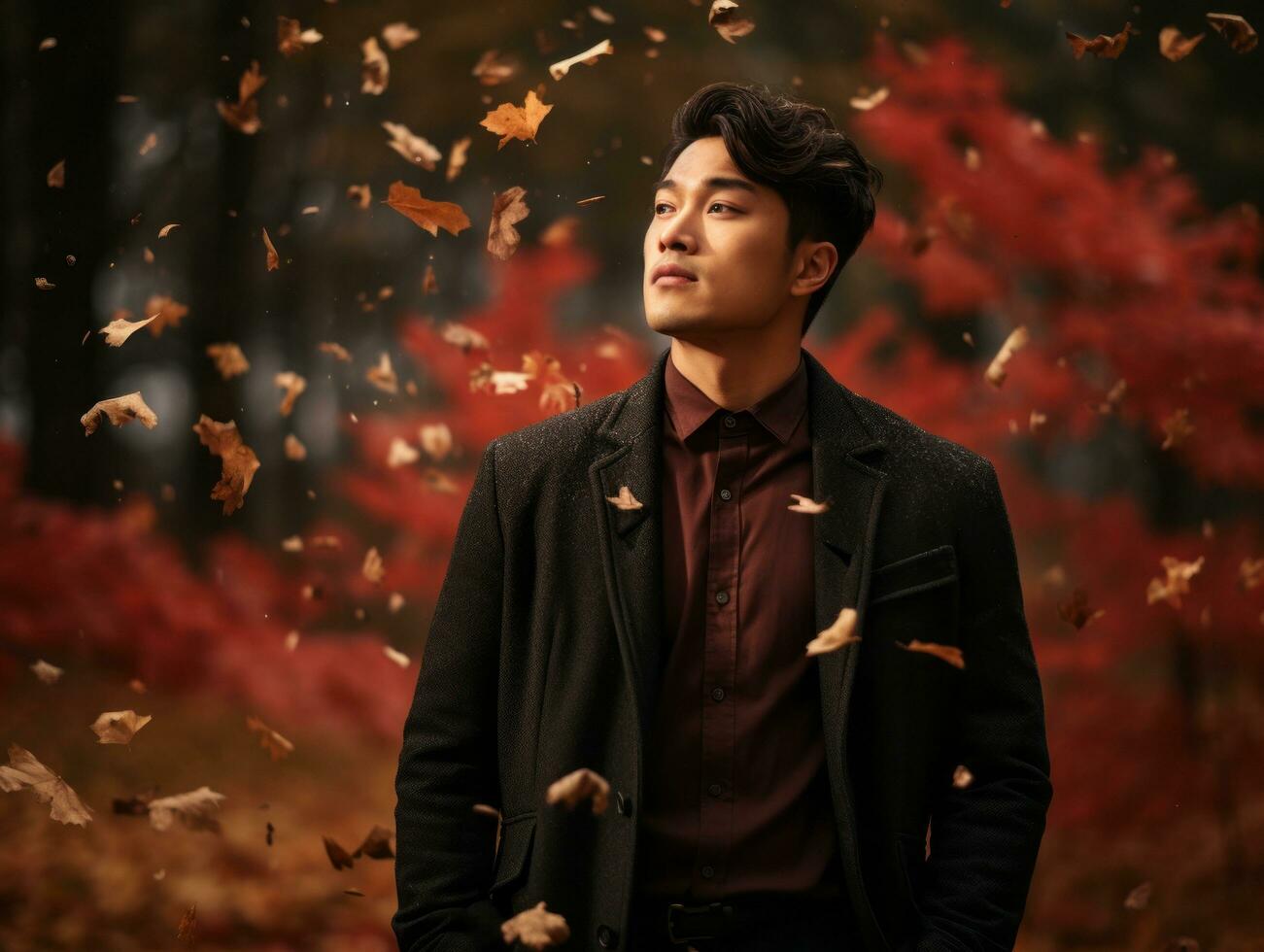 photo of emotional dynamic pose Asian man in autumn AI Generative