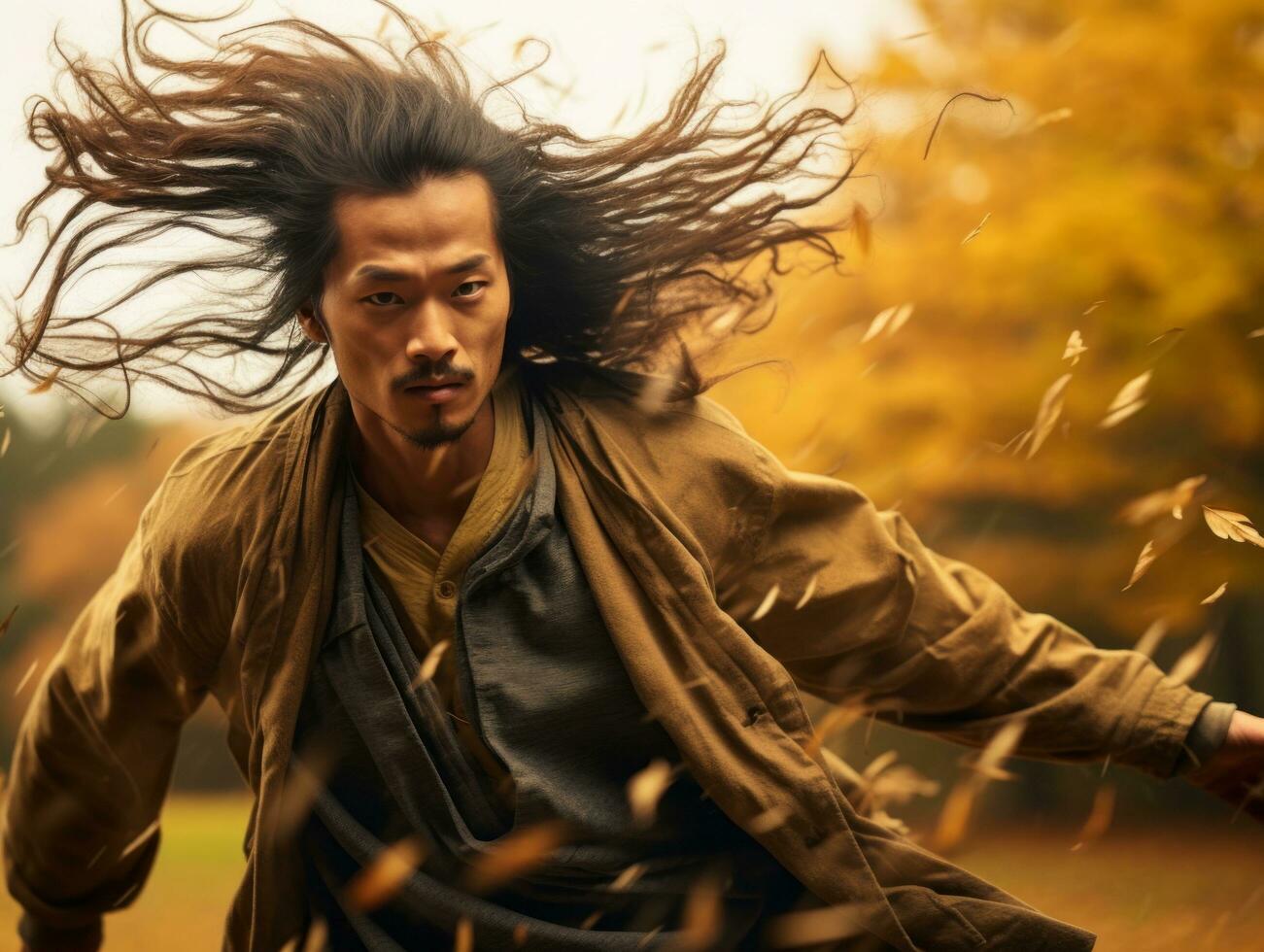 photo of emotional dynamic pose Asian man in autumn AI Generative