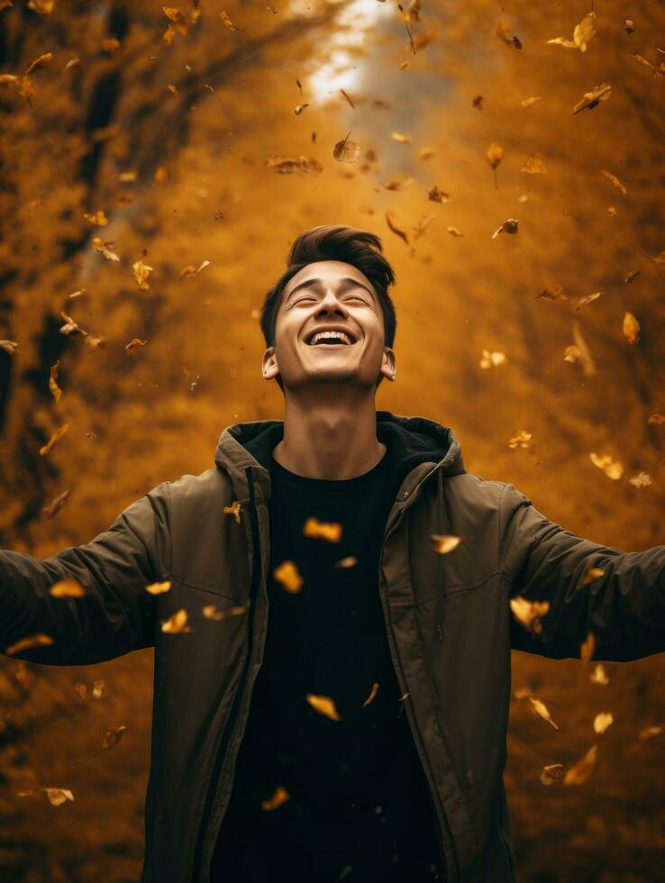 photo of emotional dynamic pose Asian man in autumn AI Generative
