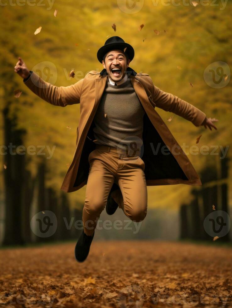 photo of emotional dynamic pose Asian man in autumn AI Generative
