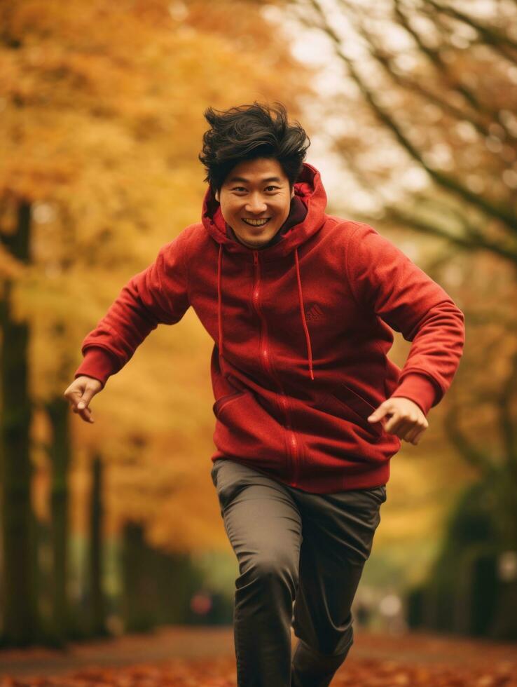 photo of emotional dynamic pose Asian man in autumn AI Generative