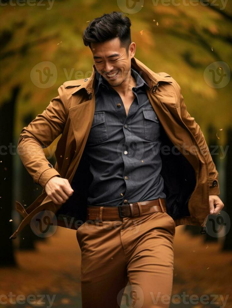 photo of emotional dynamic pose Asian man in autumn AI Generative