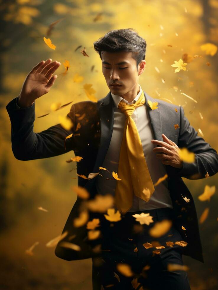 photo of emotional dynamic pose Asian man in autumn AI Generative