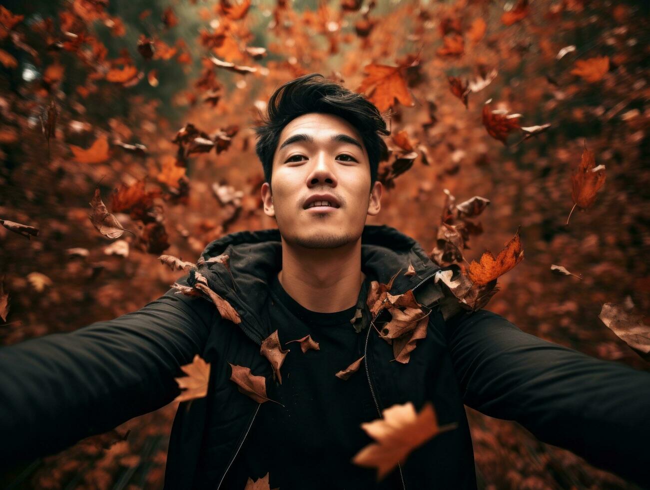 photo of emotional dynamic pose Asian man in autumn AI Generative