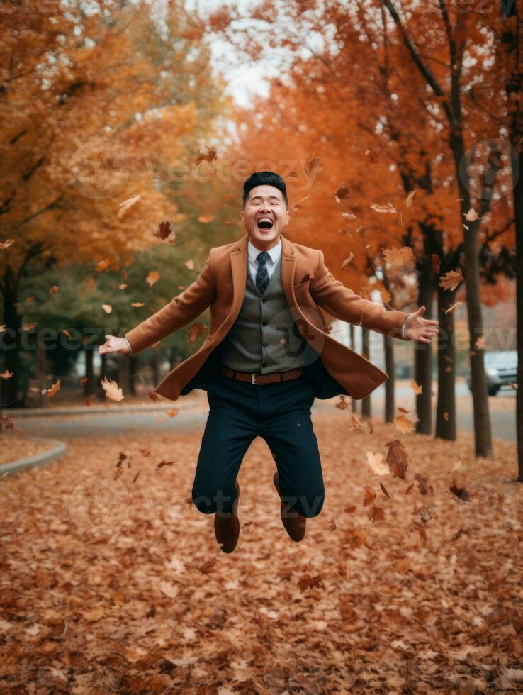 photo of emotional dynamic pose Asian man in autumn AI Generative