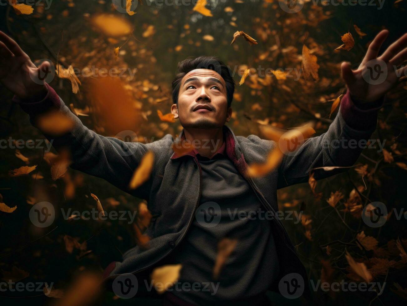 photo of emotional dynamic pose Asian man in autumn AI Generative