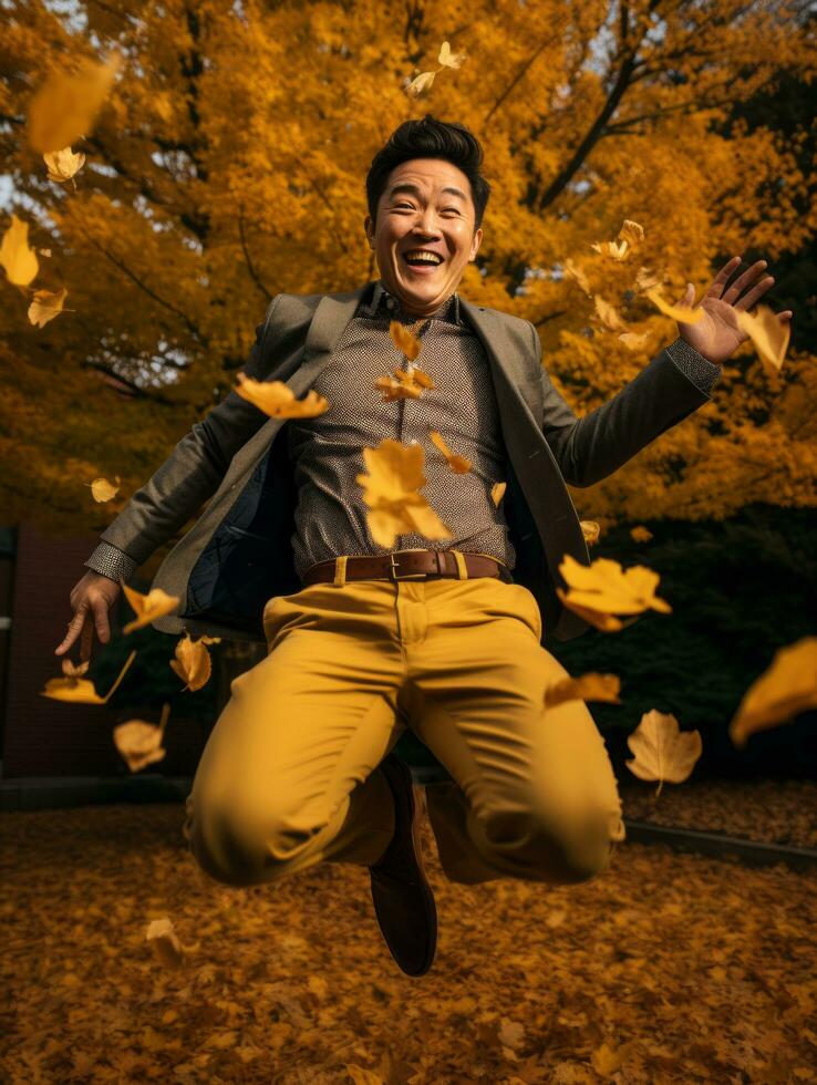 photo of emotional dynamic pose Asian man in autumn AI Generative