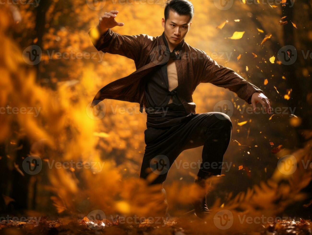 photo of emotional dynamic pose Asian man in autumn AI Generative