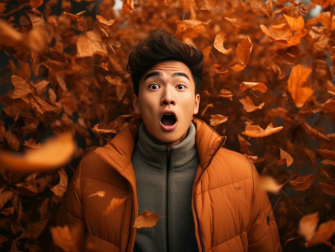 photo of emotional dynamic pose Asian man in autumn AI Generative