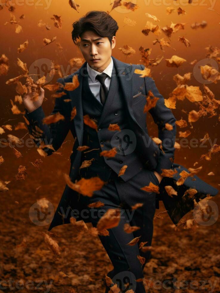 photo of emotional dynamic pose Asian man in autumn AI Generative