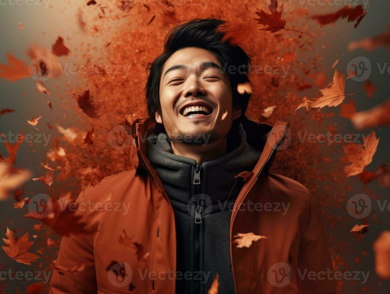 photo of emotional dynamic pose Asian man in autumn AI Generative