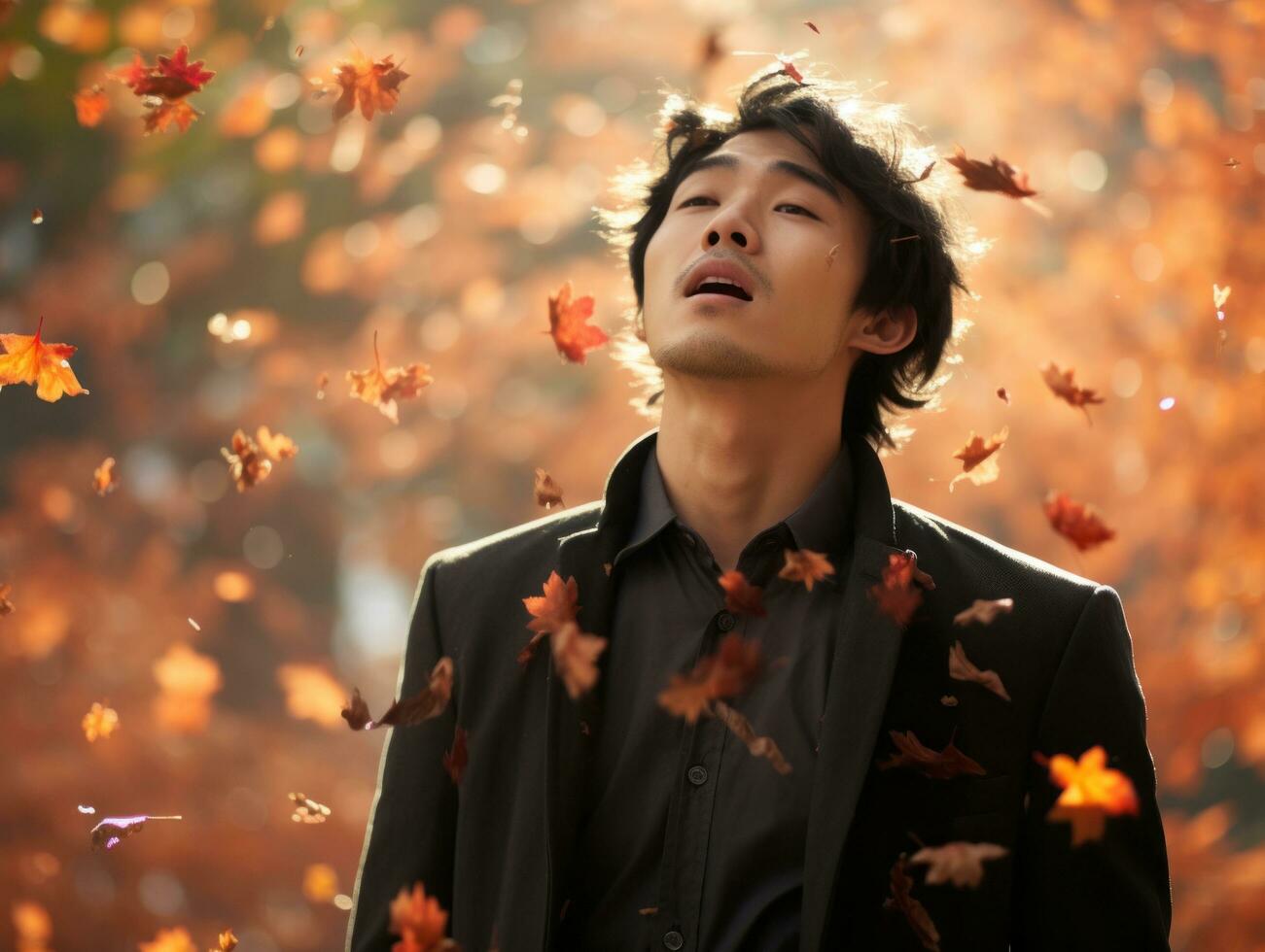 photo of emotional dynamic pose Asian man in autumn AI Generative