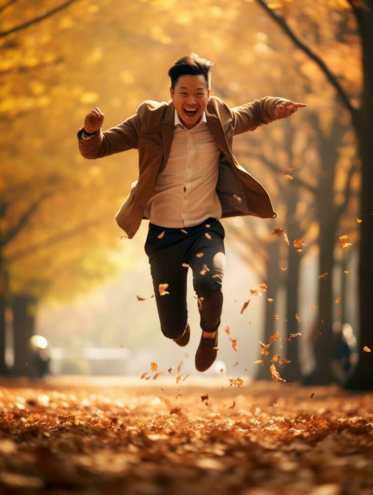 photo of emotional dynamic pose Asian man in autumn AI Generative