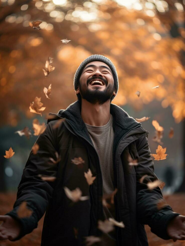 photo of emotional dynamic pose Asian man in autumn AI Generative