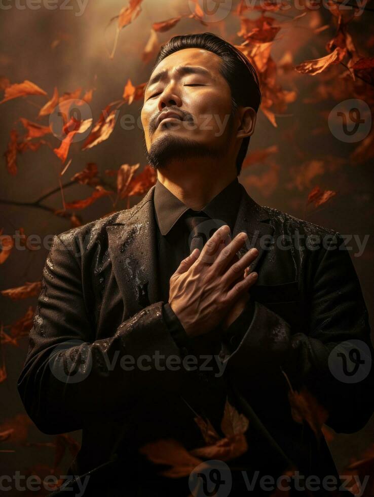 photo of emotional dynamic pose Asian man in autumn AI Generative