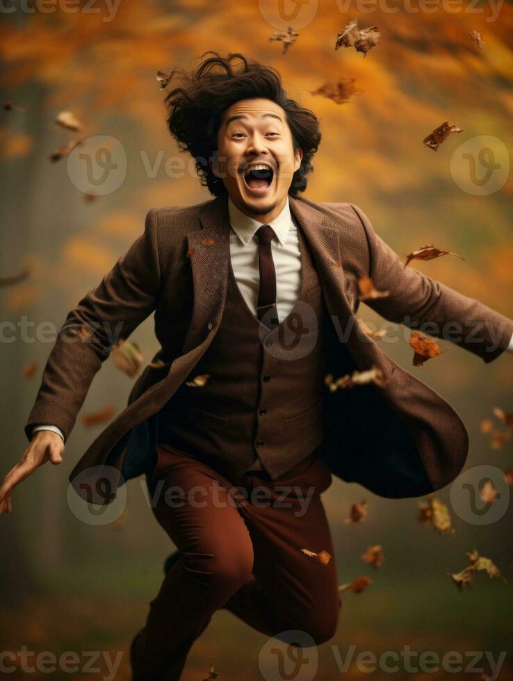 photo of emotional dynamic pose Asian man in autumn AI Generative