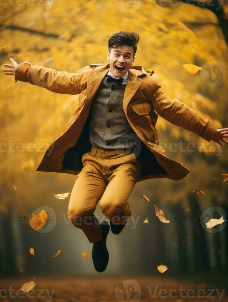 photo of emotional dynamic pose Asian man in autumn AI Generative