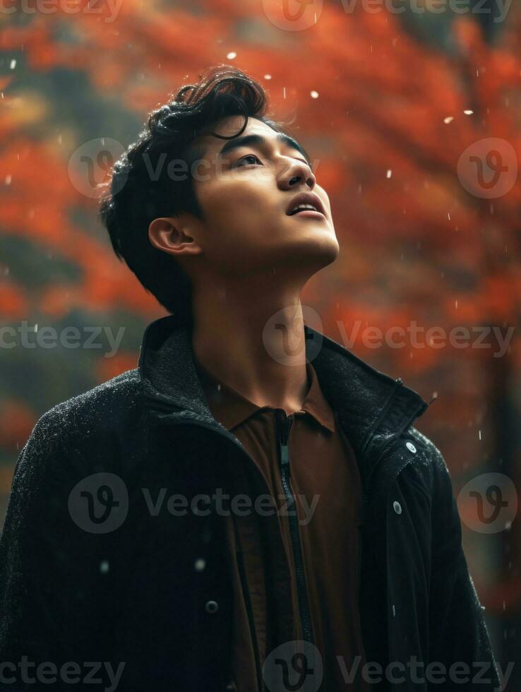 photo of emotional dynamic pose Asian man in autumn AI Generative