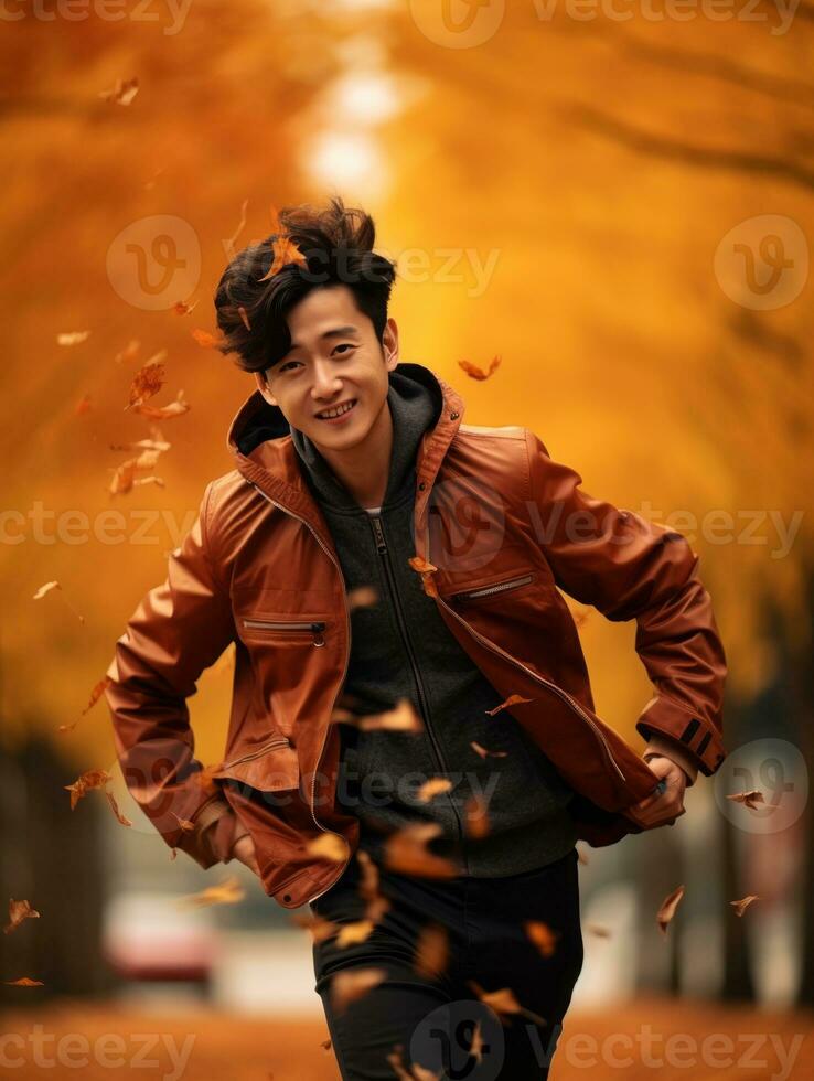 photo of emotional dynamic pose Asian man in autumn AI Generative