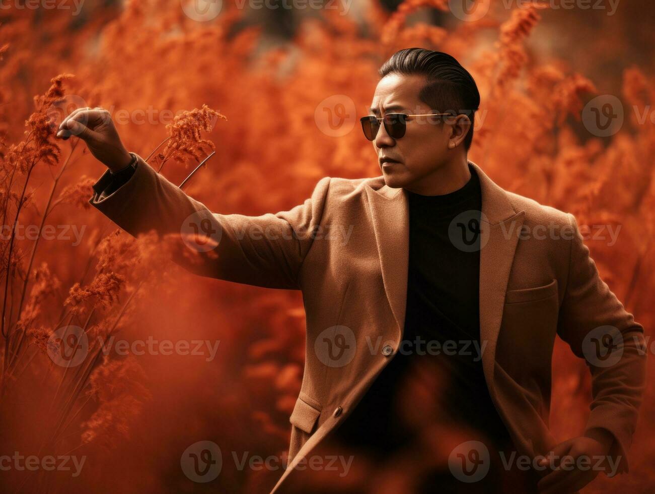 photo of emotional dynamic pose Asian man in autumn AI Generative