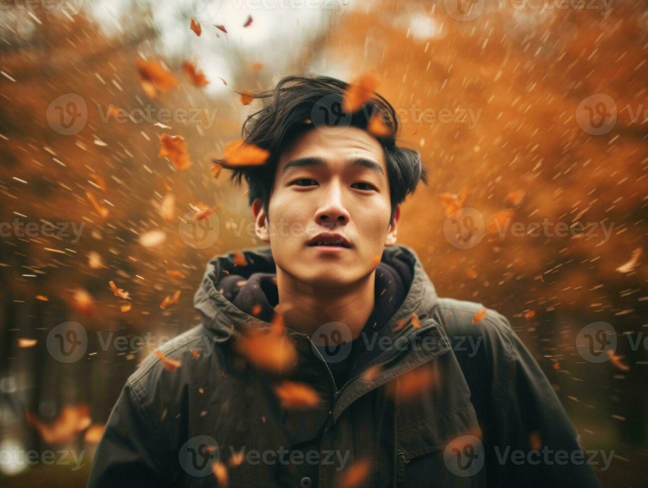 photo of emotional dynamic pose Asian man in autumn AI Generative