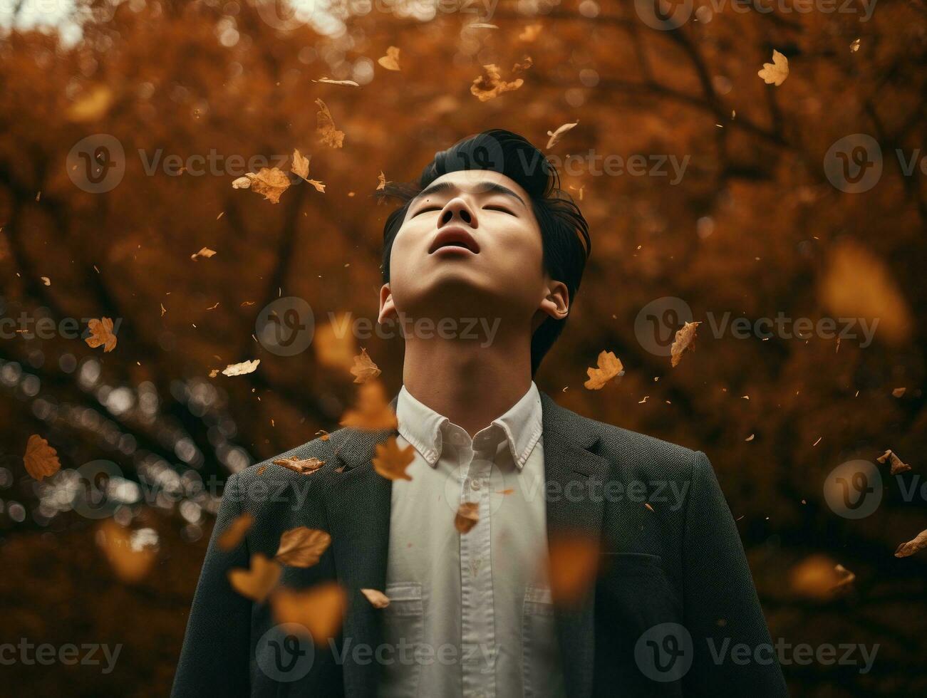 photo of emotional dynamic pose Asian man in autumn AI Generative