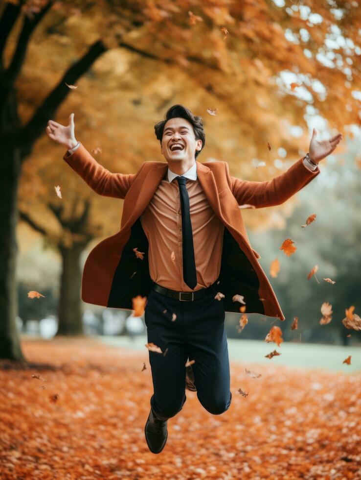 photo of emotional dynamic pose Asian man in autumn AI Generative