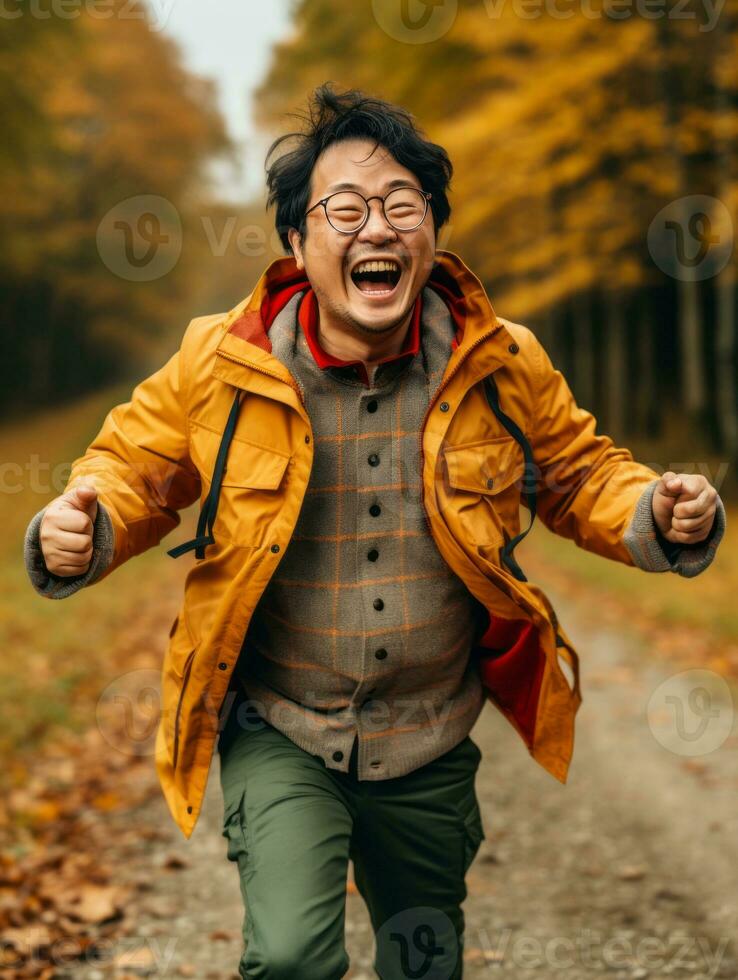 photo of emotional dynamic pose Asian man in autumn AI Generative