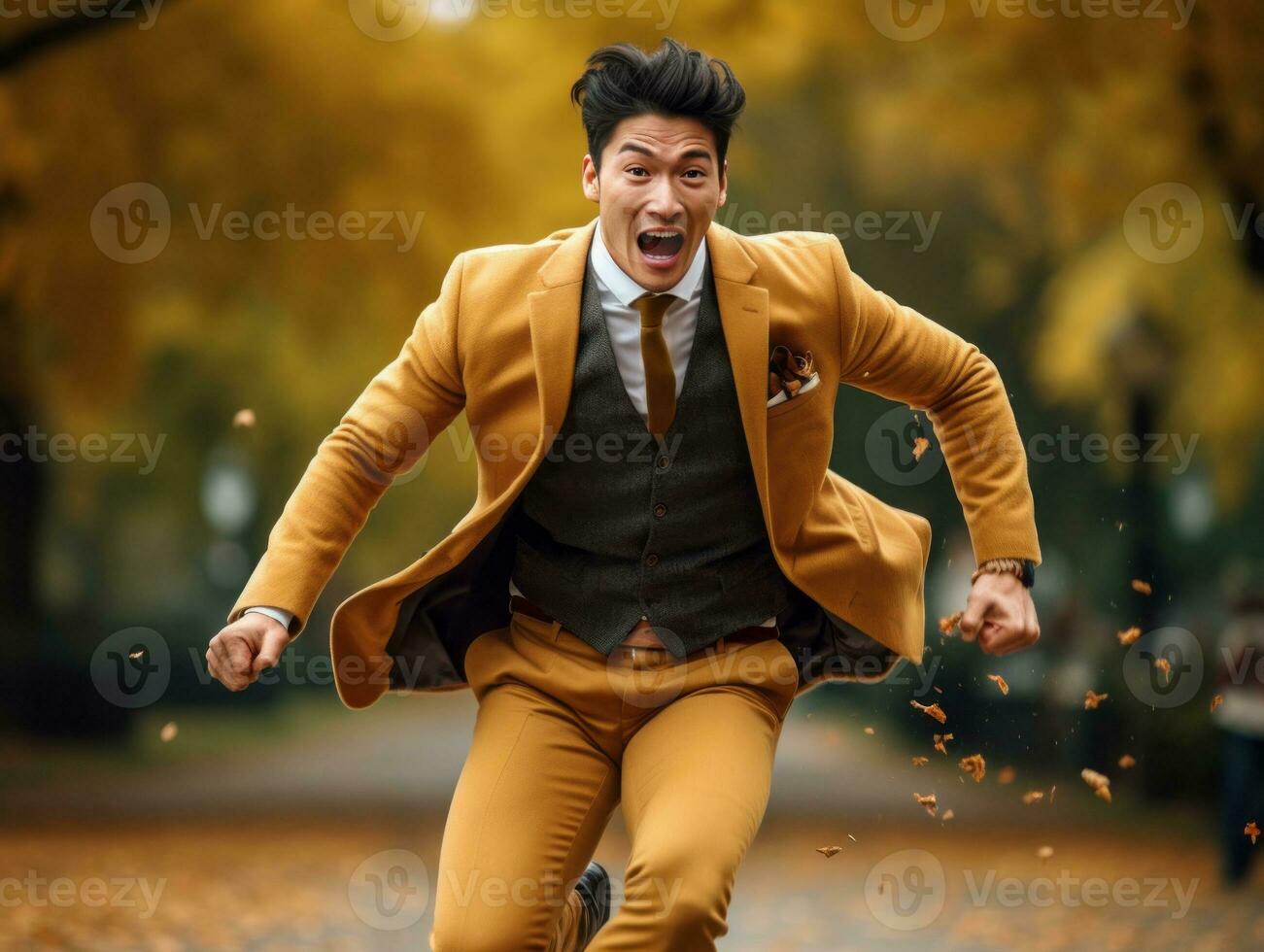 foto de emocional dinámica actitud asiático hombre en otoño ai generativo