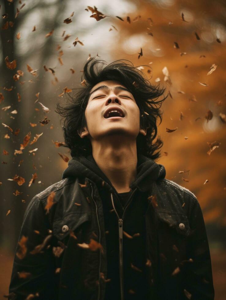 photo of emotional dynamic pose Asian man in autumn AI Generative