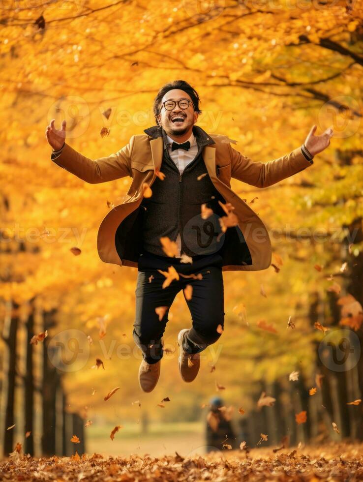 photo of emotional dynamic pose Asian man in autumn AI Generative