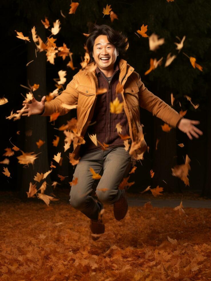 foto de emocional dinámica actitud asiático hombre en otoño ai generativo