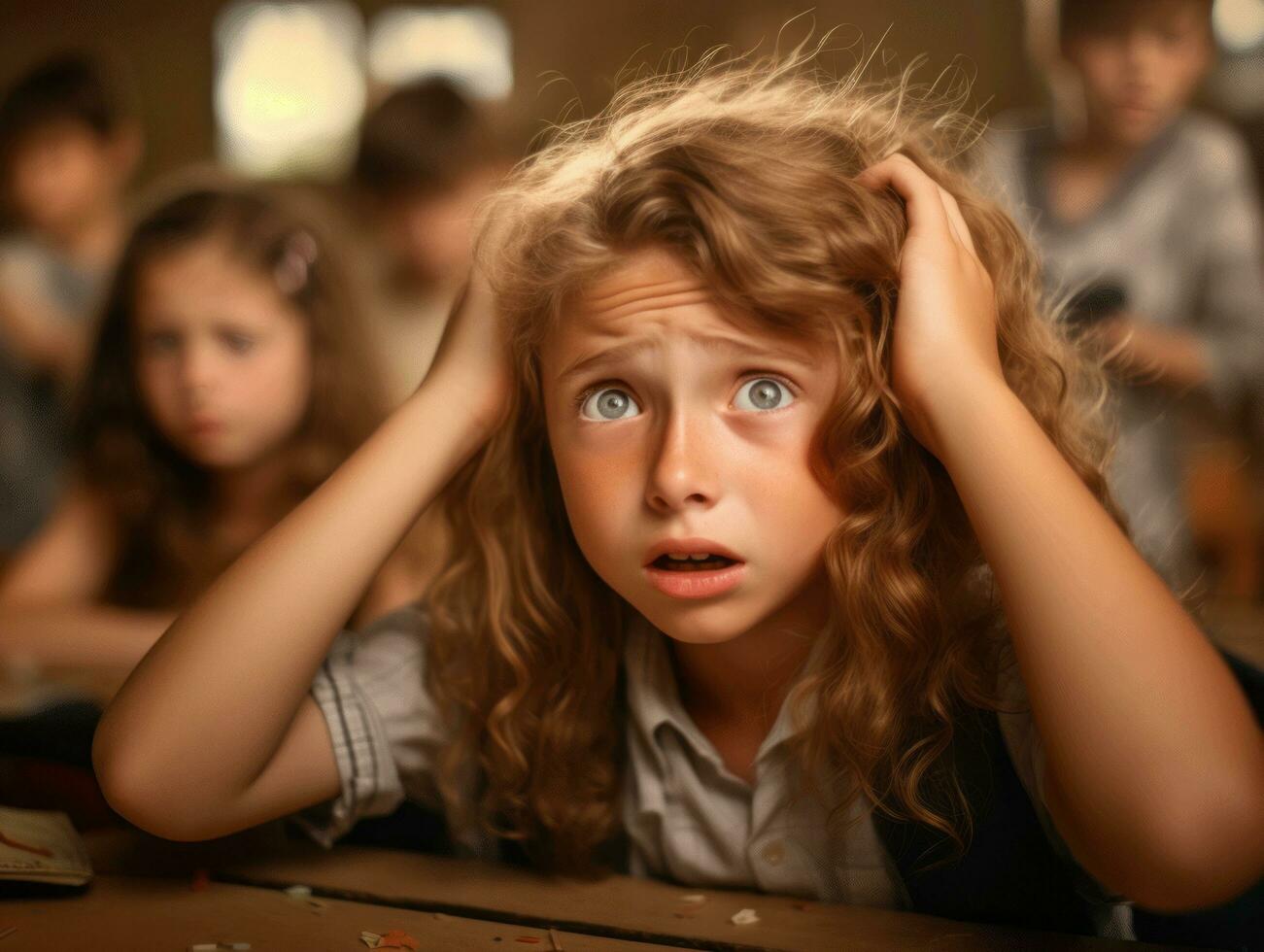 photo of emotional dynamic pose Brasilian kid in school AI Generative