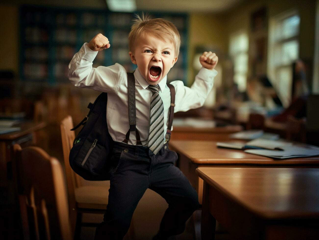 photo of emotional dynamic pose Brasilian kid in school AI Generative