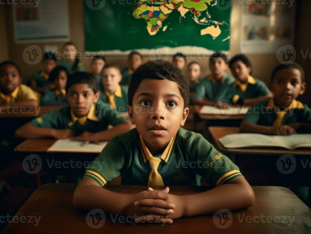 photo of emotional dynamic pose Brasilian kid in school AI Generative