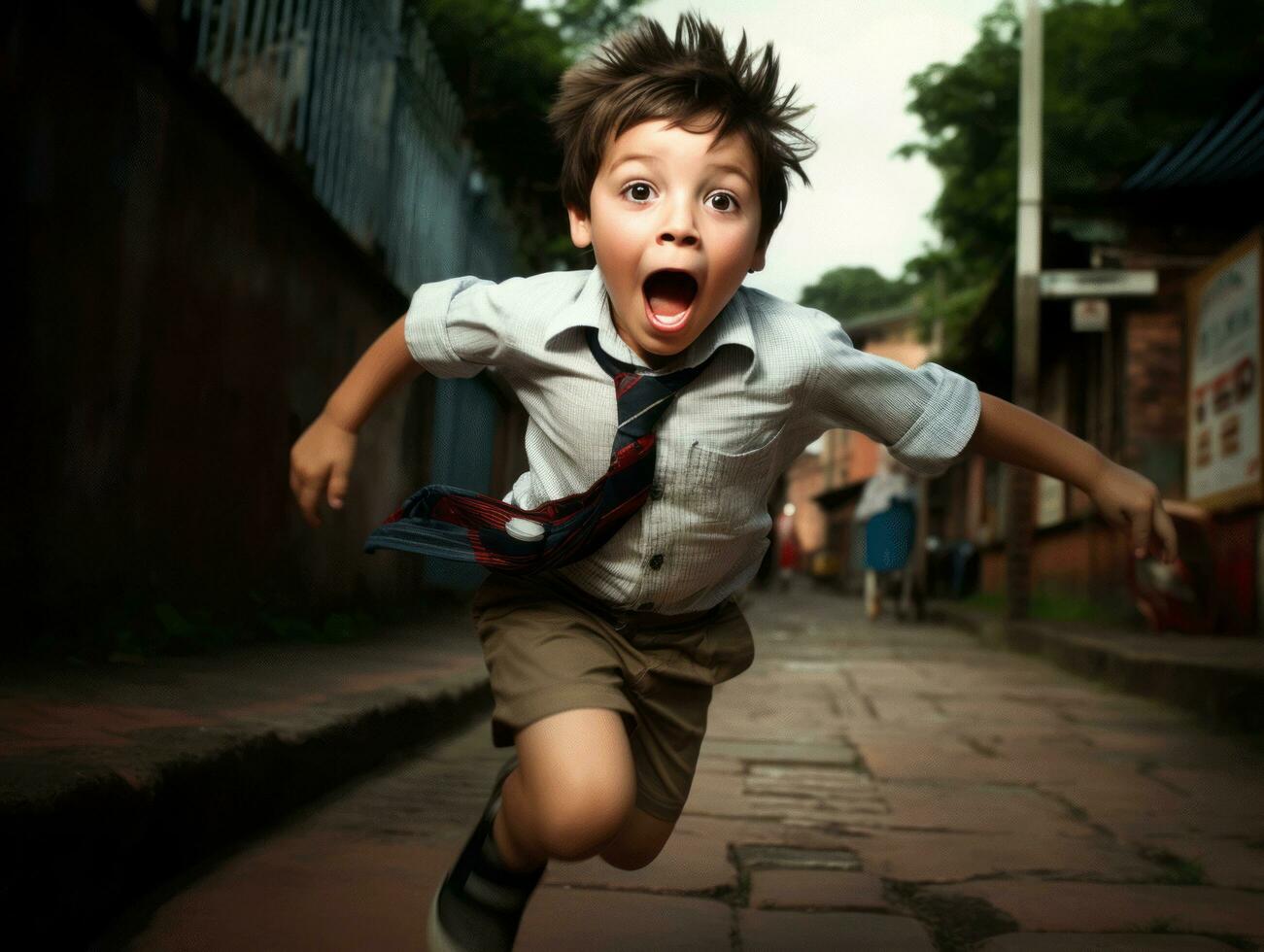 photo of emotional dynamic pose Brasilian kid in school AI Generative