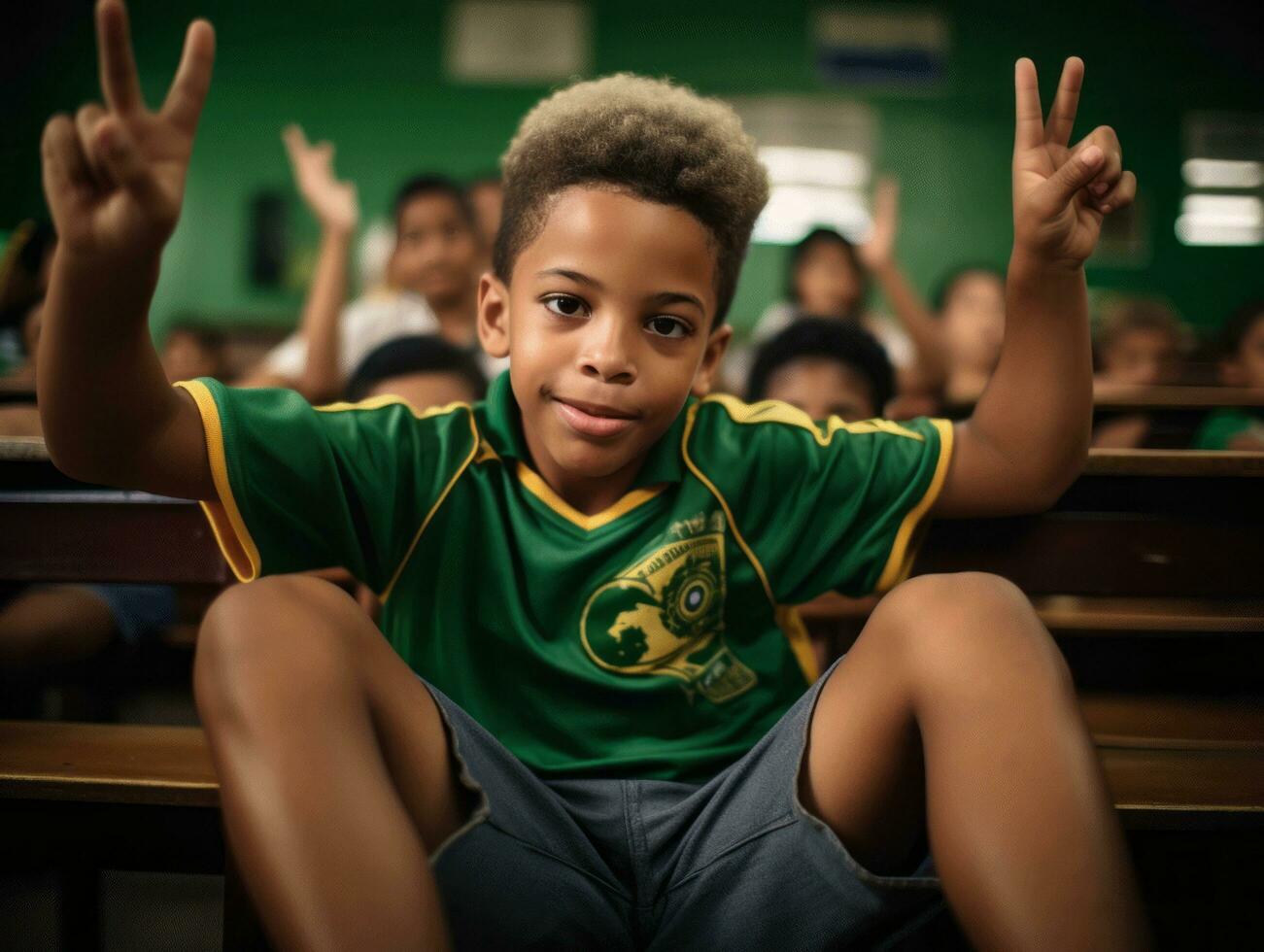 photo of emotional dynamic pose Brasilian kid in school AI Generative