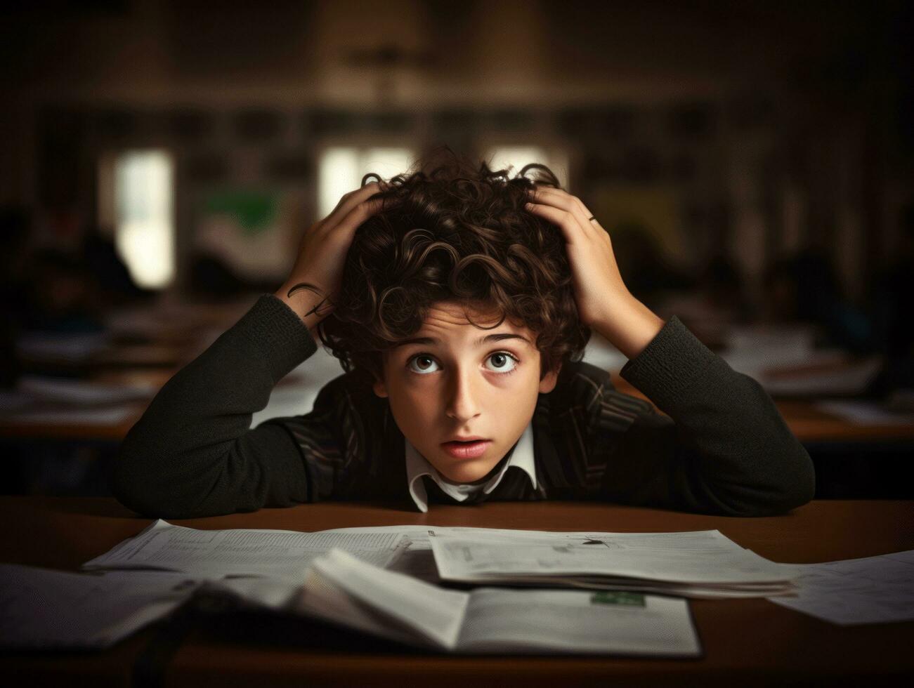 photo of emotional dynamic pose Brasilian kid in school AI Generative