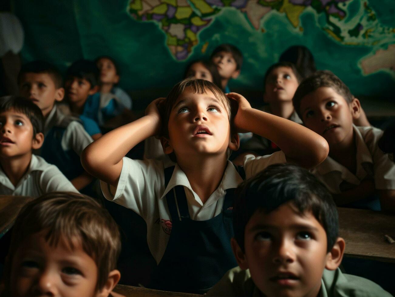 photo of emotional dynamic pose Brasilian kid in school AI Generative