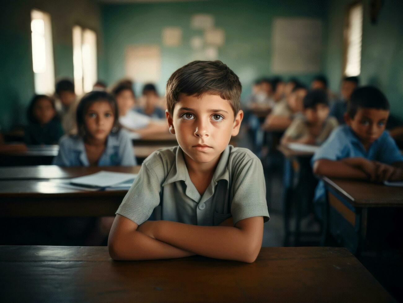 foto de emocional dinámica actitud brasileño niño en colegio ai generativo